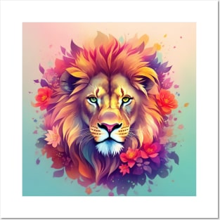 African Lion peering through Flowers Posters and Art